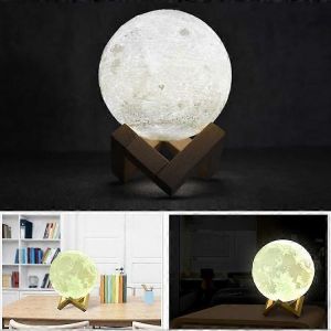 Lampe De Lune D'impression 3d &Agrave; Commande Tactile De 8 Cm, Chargement Usb Lumi&egrave;re Blanche + Jaune Veilleuse Led &Agrave; &Eacute;conomie D'&eacute;nergie &Agrave; Changement De Couleur Avec Base De Support En Bois - Neuf