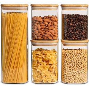 800ml/1100ml/2100ml Bocal En Verre Carré Avec Couvercle Lot De 5, Alimentaires Avec Couvercles Hermétiques En Bambou Utilisé Pour Pâtes, Sucre, Farine, Céréales, Haricots De Empila[Pou8806549] - Neuf