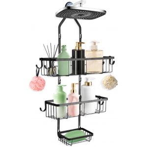 Etagere Douche A Suspendre Rangement Douche, 3 Niveaux Etagere Salle de Bain Sans Percage, Rangement Salle de Bain Avec Porte-Savon 6 Crochets, Porte Savon Douche pour Shampoing Savon Eponge de Bain - Neuf
