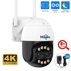 Hiseeu WHDC14 Caméra de sécurité sans fil 4K 8MP, double objectif, zoom 8x, audio bidirectionnel, vision nocturne couleur, détection humaine, suivi automatique, étanchéité IP66 - Neuf