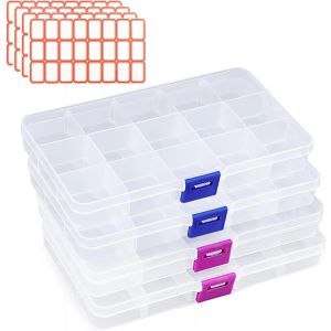 Jexnovashop-4 Pcs Bo&icirc;te De Rangement &Agrave; Compartiments, Boite Rangement Perles Avec 15 Compartiments Bo&icirc;te &Agrave; Bijoux En Plastique Transparent Bo&icirc;tes De Tri Avec 24 &Eacute;tiquettes Pour Vis, Boucles, Petites - Neuf