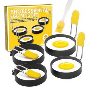 Lot De 4 Moules À Omelettes En Acier Inoxydable De 7,5 Cm (Rouge) Avec Poignées En Silicone (Pinceau Inclus), Anneaux De Cuisson Antiadhésifs Pour Crêpes, Pique-Niques Et Petits-Déjeuners - Neuf