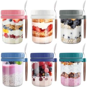 6 Overnight Oats Jar,400ml Pot Overnight Oat Verre,Bocal En Verre Avec Couvercle Et Cuillère,Bocaux Pour Overnight Oats,Yaourts,Puddings,Salade - Neuf