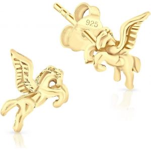 Kal-® Petits Clous/Puces D'oreilles En Argent Fin 925, Plaqué Or Jaune Ou Or Rose - Cheval Pégase/Pegasus/Cheval Ailé - Dimension: 7 X 8 Mm - Neuf
