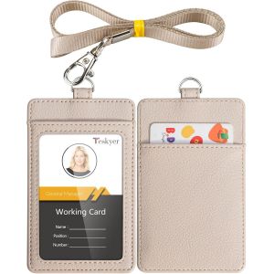 Kalanka-Porte Badge, Porte Badge Tour De Cou, 2 Emplacements Pour Cartes, En Cuir Pu, Avec Effacer La Fenêtre Longe En Nylon, Beige - Neuf