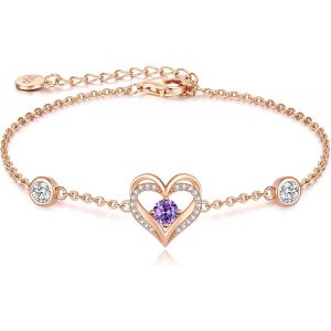 Bracelet Pour Femme En Argent Sterling 925 Avec C?ur En Or Rose - Cadeau Pour Elle - Pierre De Naissance - Bijoux Pour Noël, Saint-Valentin, Anniversaire, Fête Des Mères, Eine Grösse, Argent - Neuf