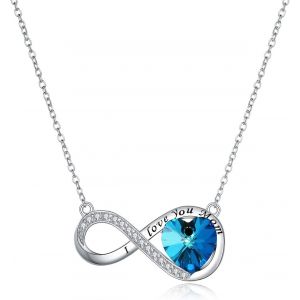Kal-Collier Femme Coeur D'amour Cristal De Swarovski Pendentif En Argent 925 Avec Zircon Bijoux Fantaisie GravéU201cmomU201davec Chaîne De 17.7" - Cadeaux Pour Maman(Argent Bleu) - Neuf