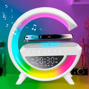 KAL-Lampe De Chevet Led Avec Fonction De Charge, Lampe D'Ambiance Chargeur Sans Fil 15 W, Lampe De Table Led Avec Haut-Parleur Bluetooth, Veilleuse À Intensité Variable, Réveil - Neuf
