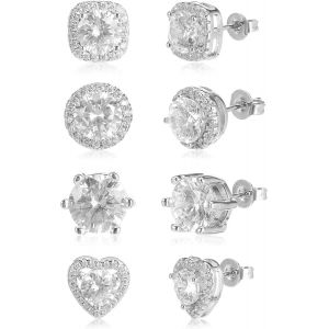 Kal-Lot De 4 Paires De Boucles D'oreilles En Forme De Coeur Scintillant, Rondes, Carr&eacute;es, En Oxyde De Zirconium Pour Homme Et Femme, Boucles D'oreilles &Agrave; Paillettes Pour Oreilles De Filles - Neuf