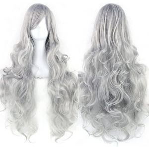 Kalanka-80cm Longue Perruque De Cosplay De Cheveux Naturels Boucl&eacute;s Avec Une Frange Color&eacute;e Halloween Costume Party Perruques Pour Les Femmes (Gris) - Neuf