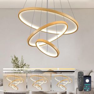LIUX-Lustre Salon Moderne,3 Anneaux Suspension Led Salon 45W Luminaire Chambre Dimmables Rond Lampe Suspension Avec Télécommande & App Contrôle 2700K-6500K Luminosité Réglable,Couleur Du Bois - Neuf