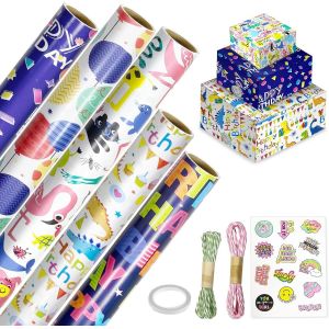 Tianyi-Papier Cadeau Anniversaire 43cm X 3m, 5 Rouleaux Bleus Papier Cadeau Enfant, Avec Autocollants, Ruban Adhésif Double Face Et Rubans Ou Ficelle, Pour Fête Ou Décoration - Neuf