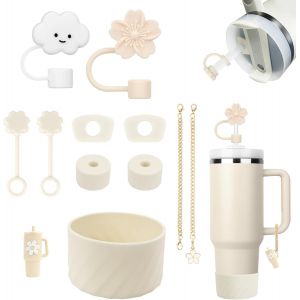 Sjzg-Lot De 11 Accessoires Stanley Cup, Comprenant 6 Protections Anti-Éclaboussures Stanley Cup, 2 Couvercles De Paille, 2 Accessoires Pour Pendentifs, 1 Couvercle En Silicone (Creme Tonal) - Neuf