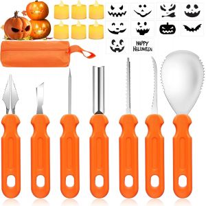 Cauc-Halloween Kit Sculpture Citrouille,6pcs Kit De Sculpture Pour Citrouille Avec 6 Led Bougie,Avec 10 Pochoirs Pour Halloween Decoration,Outils De Sculpture De Citrouille Inoxydable - Neuf