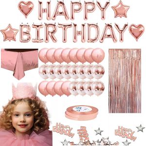 ChicSlick-Décorations Rose Or Gold - Kit Ballon Et Rideaux À Franges Pour Fête D'Anniversaire Fille[X213] - Neuf