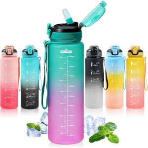 Bouteille D'eau Avec Paille - 1 L - Bouteille D'eau Pour Gar&ccedil;ons Avec Paille - Anti-Fuite - Bouteille D'eau De Sport En Plastique Sans Toxines, Sans Bpa (D&eacute;grad&eacute; De Vert/Rose) - Neuf