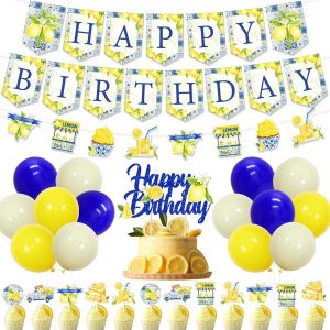 Chicslick-Décorations D'anniversaire À Carreaux Bleus Et Citrons ¿ Fournitures De Fête D'anniversaire Avec Bannière Capri Lemon Happy Birthday ¿ Guirlande De Limonade Pour Cupcakes Pour Fête[X390] - Neuf