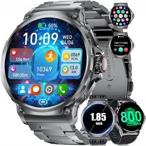 Montre Connectée Homme Avec Appel Bluetooth, 1,85'' Hd Grand Écran Smartwatch Pour Android Ios, Avec 3 Bracelets/Batterie 800mah, 24/7 Suivi De La Santé, 100+ Sportifs Podomètre Calories, Etanche 5at - Neuf