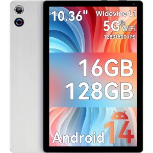 Tablette 10.4 Pouces Android 14 Octa-Core Processeur, 16 Go RAM 128 Go ROM 1 To TF, Écran Tactile IPS HD 1280x800, Double Caméra 5MP+8MP, 5G/2.4G WiFi, BT 5.0, 5000mAh (Argent) - Neuf