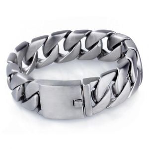 Bracelet Homme En Acier Inoxydable Brosse, Maille Gourmette Epaisse, 20 Mm, 22 Cm (8,66 Pouces), Couleur Argent, Style Motard, Ref. : 2984 - Neuf
