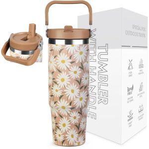 Sjzg-Gobelet Isotherme En Acier Inoxydable De 30 Oz Avec Paille U2013 0,89 L U2013 Gobelet Avec Anse Anti-Fuite U2013 Tumbler &Agrave; Paille U2013 Isolation Sous Vide &Agrave; Double Paroi U2013 Marguerite J - Neuf