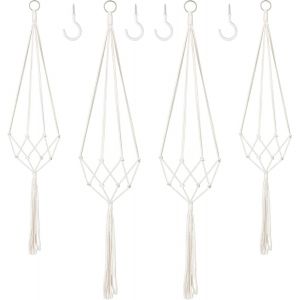 ERYI-Lot De 4 Corbeilles Suspendues Paniers Accrochables En Macramé - Décoration Bohème - Corde En Coton - Suspension Pour Pot De Fleurs - Pour L'Intérieur Et L'Extérieur - Beige - Neuf