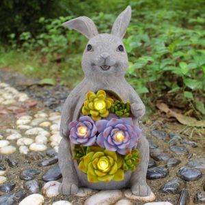 Estatuas Solares Para Jardín - Figura De Conejo - Decoración De Exterior - Estatuas De Jardín - Conejo Con Luz Solar Suculenta - Figura Decorativa Para Patio - Neuf