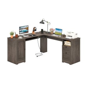 Bureau d'ordinateur en L 168 x 168 x 76 cm avec station de charge ergonomique moderne pour bureau ou gaming en bois composite gris Helloshop26 20_0010874 - Neuf