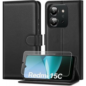 acdsgd-Coque pour Xiaomi Redmi 15C avec Verre Tremp&eacute;, &eacute;tui Cuir PU Magn&eacute;tique Pochette de Portefeuille , Housse de Fonction Stand Video Porte Carte Credit &agrave; Rabat pour Redmi 15C 4G - Noir - Neuf