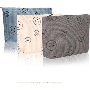 MAA-3 PCS Corduroy Trousse Cosmétique pour Femmes Organisateur de Maquillage Smile Tote Sac à Main Filles Trousse avec Fermeture à Glissière Maquillage Voyage (Bleu, Gris et Beige) - Neuf