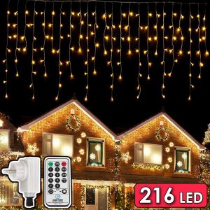 Jgd-216 Leds Guirlandes Lumineuses, 5.5m Rideau Icicle Lumi&egrave;re Cha&icirc;ne, 8 Modes Rideaux Lumi&egrave;res Avec Prise, Etanche Eclairage D&eacute;coration Int&eacute;rieur Ext&eacute;rieur Pour Fen&ecirc;tre No&euml;l Mariage Jardin (Blanc Ch - Neuf
