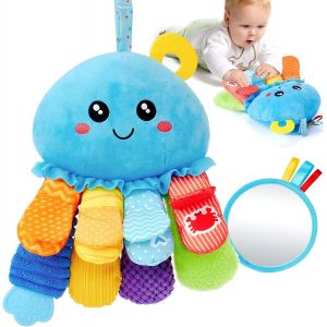 SUBZONAL-Jouet Bebe 0-3 6 Mois, Pieuvre Jouet Sensoriel Bebe avec Anneau Dentition Bebe, Miroir, Pouet Couineur, Tummy Time Jeux d eveil Bebe 0-6 Mois, Cadeau Naissance Fille Garcon - Neuf
