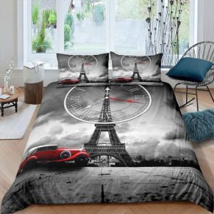 Duvet Cover Setsets De Housse De Couette Parure De Lit Personnes Gris Voiture Horloge Tour Eiffel Xcm Taies Xcm % Microfibre Doux Et Respirant Microfibre Doublures De Lit - Neuf
