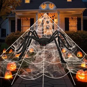 Cauc-D&eacute;corations D'halloween En Toile D'araign&eacute;e Pour L'ext&eacute;rieur, Grande Araign&eacute;e G&eacute;ante Poilue D'halloween De 59 Pouces, 40 G De Toiles D'araign&eacute;e, 50 Mini Fausses Araign&eacute;es Pour D&eacute;corations De F&ecirc;t - Neuf