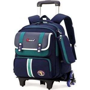 Cartable a Roulette Gar&ccedil;on Primaire,16 Pouces Sac Roulette Enfant 2 Pi&egrave;ces pour Voyages Scolaires de 8 &agrave; 12 Ans,Bleu fonc&eacute; - Neuf