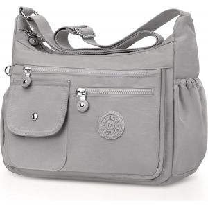 nzqaf-Sac Bandoulière Femme Nylon Sacs a Main Femmes Grand Impermeable Sacoche Multipoches Loisir Sacoches Messenger avec Bandoulière Réglable Besace pour Shopping, Travail, Voyage (Gris-blanc) - Neuf