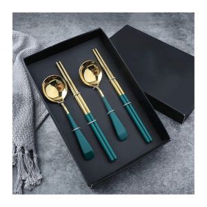 Ustensiles De Cuisine En Acier Inoxydable 304 &Agrave; T&ecirc;te Ronde Petite Cuill&egrave;re Fourpiece Jeu De Baguettes Chinoises Bianco Bo&icirc;te-Cadeau - Neuf