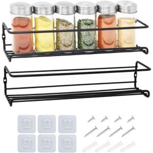 CAUC-Lot de 2 Etagere a Epices Murale Metal - Porte Epices Herbes Cuisine - Forte 3M Adhesif ou des vis - Facile &agrave; installer sans percage - Etagere murale cuisine - Noir - Neuf
