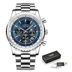 Montre Lige Quartz Homme Sport Chronographe &Eacute;tanche Acier Inoxydable Luxe - Neuf