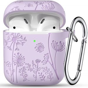 Coque Housses Étui pour AirPods 2 & 1, Fleur Gravé Case Cover en Silicone Souple Protection avec Mousqueton [Témoin LED Visible], Coque AirPods Supporte la Charge sans Fil,Lavande.[S1353] - Neuf