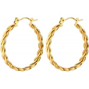 Kal-Boucles D'oreilles Femme Créole: Boucle D'oreille Acier Inoxydable Epaisses Dorés Fantaisie Et Élégantes Anneaux D'épi De Torsion Et De Blé - Cadeau Femme Anniversaire St Valentin - Neuf