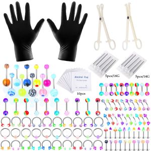 124pcs Piercing Kit En Acier Inoxydable Acrylique 14g 16g Nez Septum De Fer À Cheval De La Lèvre De La Langue Sourcil Tragus Ventre De La Langue Mamelon Barbell Anneaux De Bijoux Piercing Kit Outil - Neuf