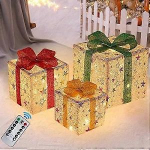 2024 Ensemble de 3 boîtes-cadeaux décoratives LED,décoration de Noël,50 perles de lampe LED boîtes-cadeaux lumineuses,télécommande avec minuterie,boîte lumineuse fo - Neuf