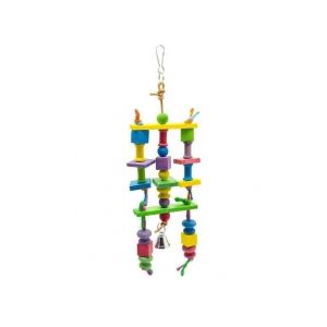 Jouet À Mâcher Multicouche Coloré Pour Perroquet Avec Blocs En Bois, Pompons Et Cloche Pour Petits Oiseaux - Un Moment De Jeu Amusant Et Engageant - Neuf