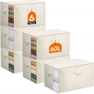 SJZG-Lot De 6 Sac De Rangement Vetement 60L, Housse Rangement Couette En Coton R&eacute;sistant, Boite Rangement Pliable Avec Fen&ecirc;tre Transparente Pour Drap De Lit, Placard, Demenagement, Beige - Neuf