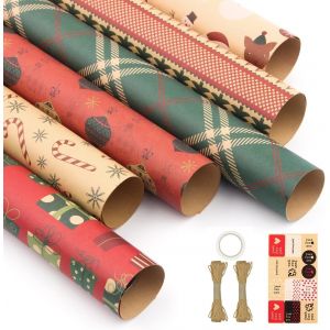 Papier cadeau recycl&eacute; 70x100 cm, set de 6 feuilles kraft avec ficelle en chanvre, &eacute;tiquettes et supports pour emballage cadeaux, anniversaires, No&euml;l, Saint-Valentin - Neuf