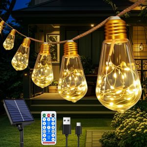 JGD-Guirlande Solaire Ext&eacute;rieur 7.5M avec 16 Ampoules, LED Guirlande Lumineuse Solaire &Eacute;tanche, 8 Modes Guirlande Guinguette Exterieure Temporis&eacute;, Vintage D&eacute;coration Jardin F&ecirc;te Terrasse - Neuf