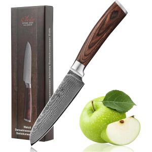 Mevronisshop-Edib Petit Couteau Santoku En Damas I Lame Tranchante De 12 Cm En Acier Damass&eacute; &Agrave; 67 Couches Avec Noyau Vg10 Et Manche En Bois De Pakka I Couteau De Cuisine Professionnel & Couteau Damas - Neuf