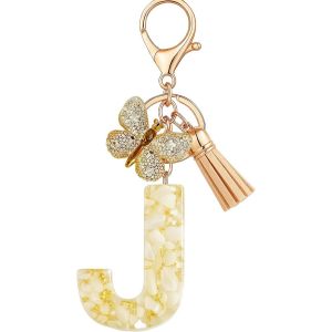 KAL-Porte-Cl&eacute;s Beige Avec Lettre Porte-Cl&eacute;s Fille Initiale Cadeau Femmes Porte-Cl&eacute;s Papillon D&eacute;corer Pour Sac Sac &Agrave; Dos Porte-Clef Gland Or Porte-Clef Femme A-Z - Neuf
