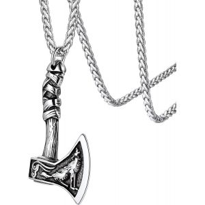 Kal-Collier Viking Nordique Homme Pendentif Hache Avec Chaine 55+5cm, Bijoux Nordique Porte Bonheur Pour Hommes Garçon Femme (Boîte Cadeau) - Neuf